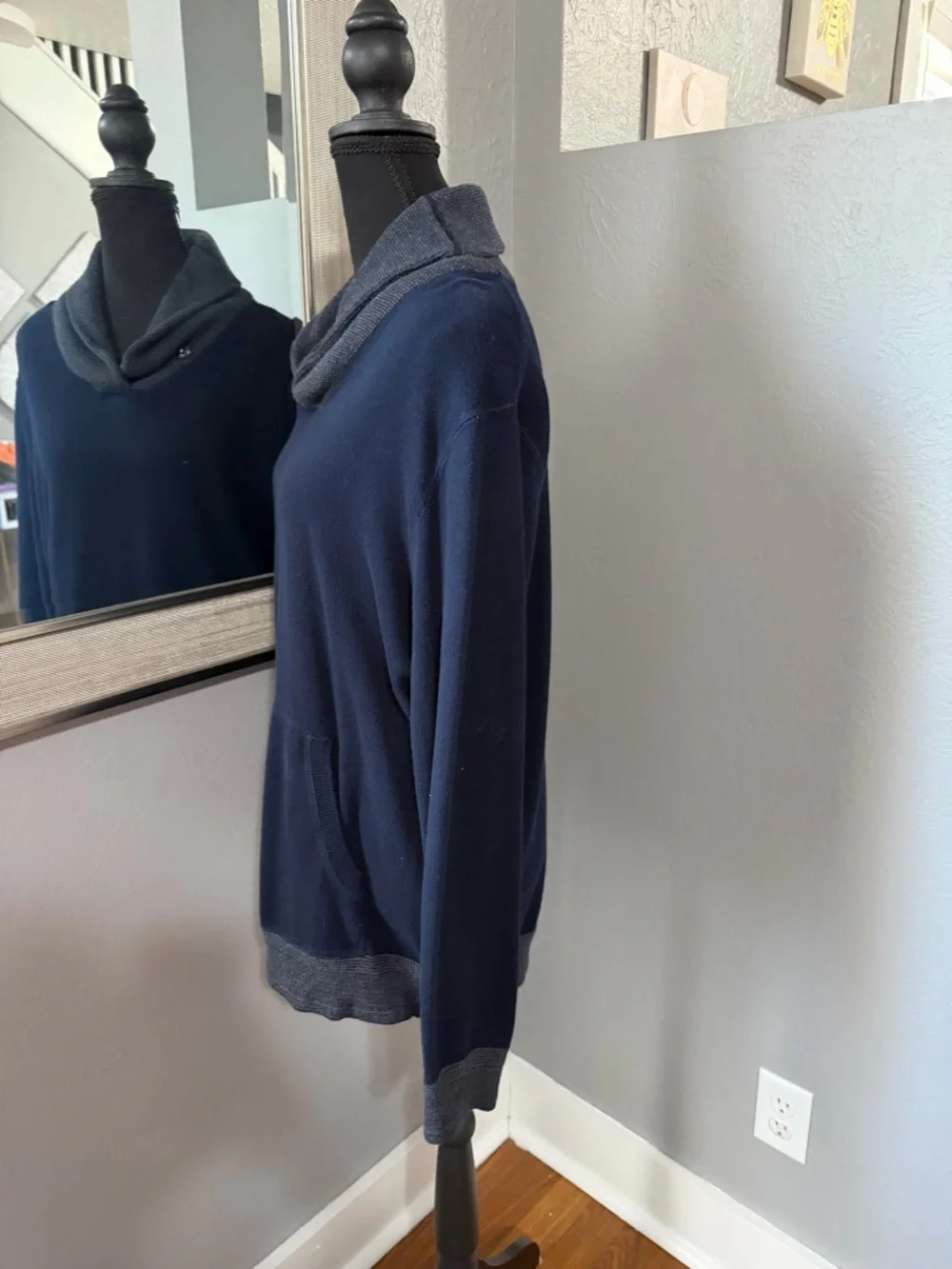 J.Crew navy blue shawl collar pullover sweater kangaroo pocket medium.